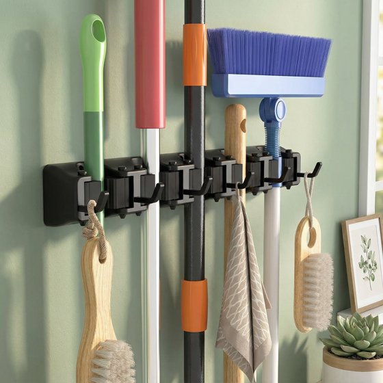 Norcho Wall Mount Mop Broom Holder, Anti-Slip Hanger 5 Slots 6 Hooks Holds 30lbs, Garage Closet Kitchen, Black 1 Pack