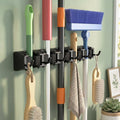 Norcho Wall Mount Mop Broom Holder, Anti-Slip Hanger 5 Slots 6 Hooks Holds 30lbs, Garage Closet Kitchen, Black 1 Pack