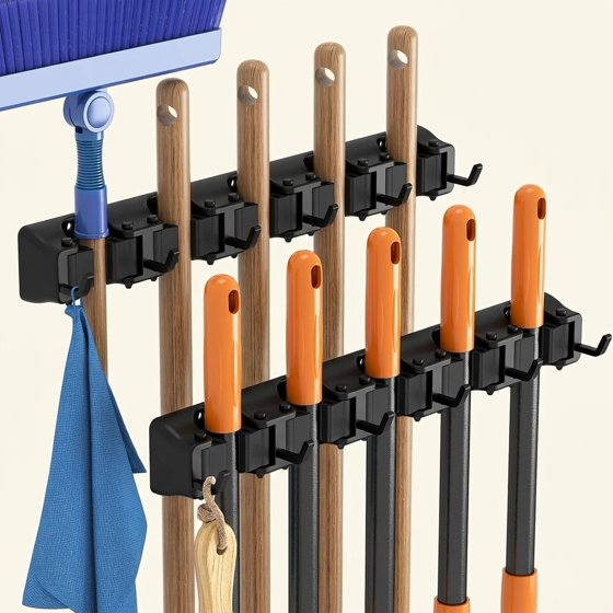 Norcho Wall Mount Mop Broom Holder, Anti-Slip Hanger 5 Slots 6 Hooks Holds 30lbs, Garage Closet Kitchen, Black 2 Pack