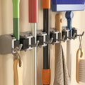 Norcho Wall Mount Mop Broom Holder, Anti-Slip Hanger 5 Slots 6 Hooks Holds 30lbs, Garage Closet Kitchen, Gray 1 Pack