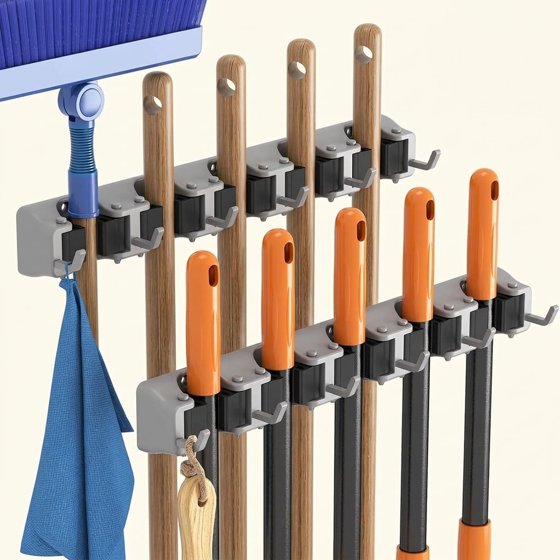 Norcho Wall Mount Mop Broom Holder, Anti-Slip Hanger 5 Slots 6 Hooks Holds 30lbs, Garage Closet Kitchen, Gray 2 Pack