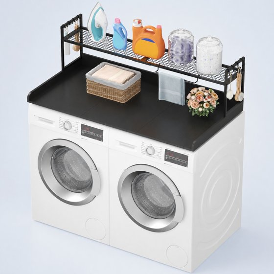 Norcho Washer Dryer Countertop with Adjustable Shelf, Melamine Laundry Room Organizer Top with Edge Rails and Towel Rack for Storage and Organization, Black