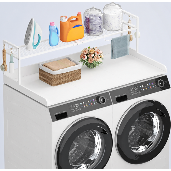 Norcho Washer Dryer Countertop with Adjustable Shelf, Melamine Laundry Room Organizer Top with Edge Rails and Towel Rack for Storage and Organization, White