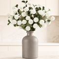 Norcho White Artificial Flower for Vase, 10 Pcs Faux Silk Mum Balls + 2 Eucalyptus Stems, Fake Small Kiku for Floral Arrangement, Pom Pom Centerpiece