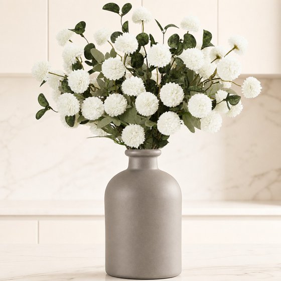 Norcho White Artificial Flower for Vase, 10 Pcs Faux Silk Mum Balls + 2 Eucalyptus Stems, Fake Small Kiku for Floral Arrangement, Pom Pom Centerpiece