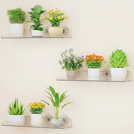 Norcho Window Plant Floating Shelves, 14.6 × 3.6 Inch 3-Pack Acrylic Suction Cup Shelf, Window Sill Extender for Indoor Succulents, Microgreens, Seed Starter Pots, and Herb Planters
