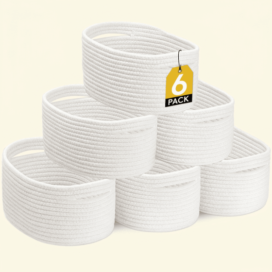 Norcho Woven Baskets, Cotton Rope Cube Storage Bins, Small Shelf Baskets, Round Caddy for Closet/Living/Bedroom/Playroom, White, 6 Pack