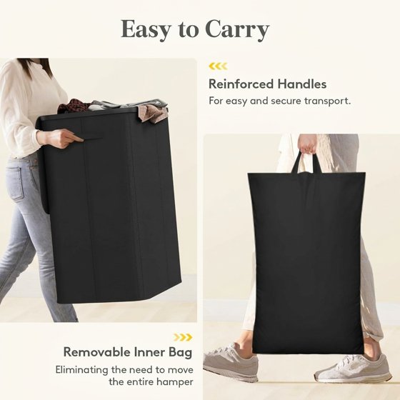 Norcho 185L 3-Section Laundry Hamper with Lid, Bamboo Handles Removable Bags Foldable Basket, Black