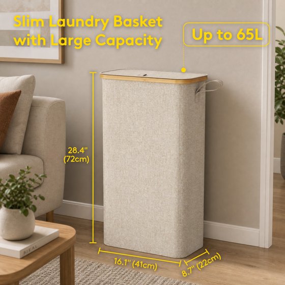 Norcho 65L Slim Laundry Hamper with Lid, Narrow Collapsible Laundry Basket with Removable Bag and Bamboo Handles, Beige