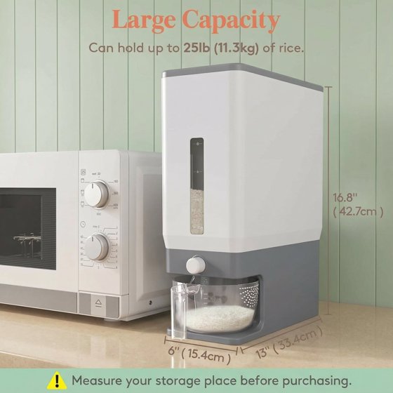 Norcho Rice Dispenser, 25 lb (11.3 kg) Sealed Rice Storage Container with Measuring Cup, Moisture Proof, Kitchen Pantry, Gray