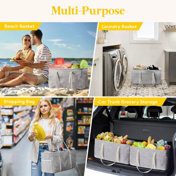 Norcho Extra Large Tote Bag, Reusable Foldable Shopping Bag with Metal Frame and Handles, 46L for Storage, Picnics, Beach, Laundry, Car, Gray