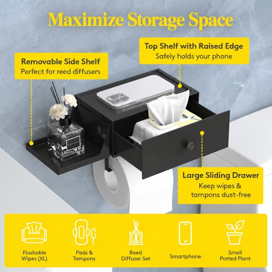 Norcho Toilet Paper Holder with Shelf and Drawer, Wall Mounted Tissue Roll Storage with Adhesive or Screw Installation, Dustproof Bathroom Wipes Dispenser Organizer