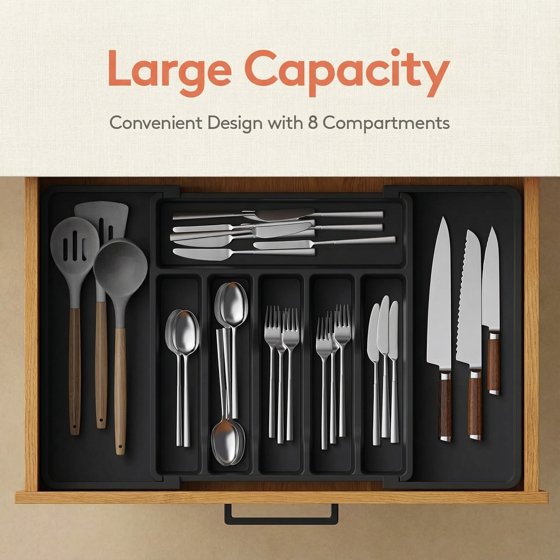 Norcho Silverware Drawer Organizer, Expandable Utensil Tray for Kitchen, Cutlery and Flatware Holder, Adjustable Storage for Spoons, Forks and Knives, 13–22 x 15", Black