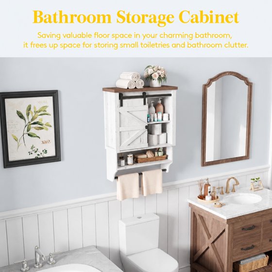 Norcho Farmhouse Bathroom Wall Cabinet with Sliding Barn Door, Medicine Cabinet with Adjustable Shelf and Towel Hook, Wall Mounted Storage Cabinet for Bathroom, Kitchen, Laundry Room