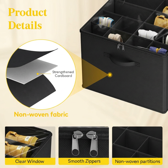 Norcho Shoe Storage Organizer for Closet, Large Fabric Box with Clear Cover, Foldable, Fits 12-16 Pairs Boots/Heels/Sneakers, 1 Pack Black
