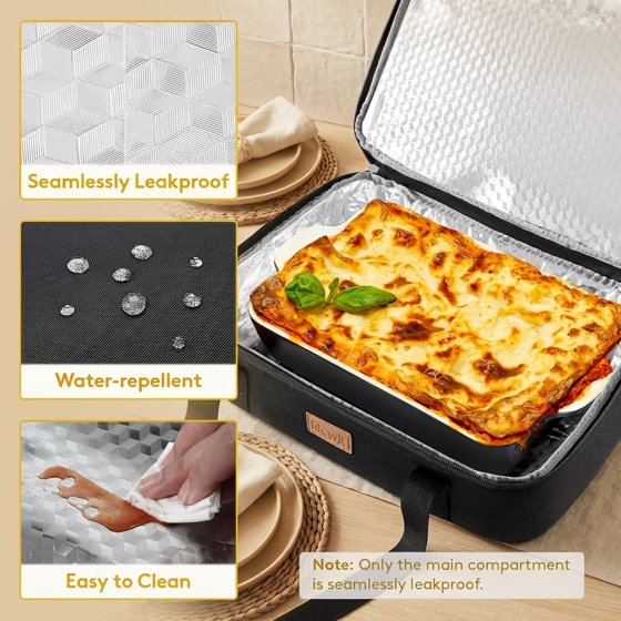 Norcho Insulated Double Decker Casserole Carrier, Expandable Lasagna Tote Bag for Hot or Cold Food, Fits 9" x 13" Baking Dish, Black