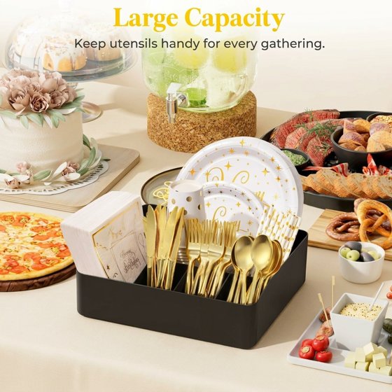 Norcho Paper Plate Organizer and Plastic Silverware Caddy for Kitchen Countertop, 7-Compartment Utensil Holder and Cutlery Dispenser Box