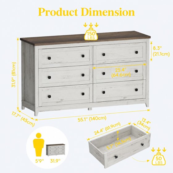 Norcho Farmhouse 6-Drawer Dresser for Bedroom, Tall Wooden Chest of Drawers Organizer for Bedroom, Living Room, Hallway, Entryway