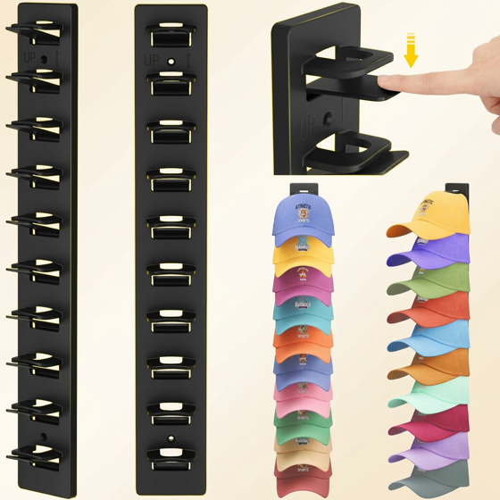 Norcho Hat Organizer Baseball Caps, Holds 10, Wall Mount Over Door Rack Dual Install Nails Adhesive, Black 2-Pack