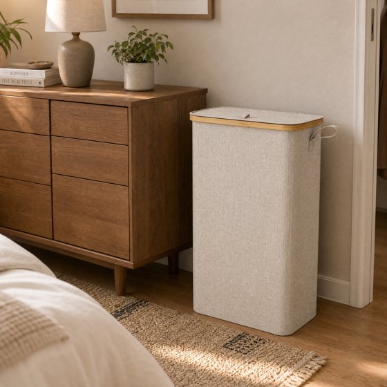 Norcho 65L Slim Laundry Hamper with Lid, Narrow Collapsible Laundry Basket with Removable Bag and Bamboo Handles, Beige