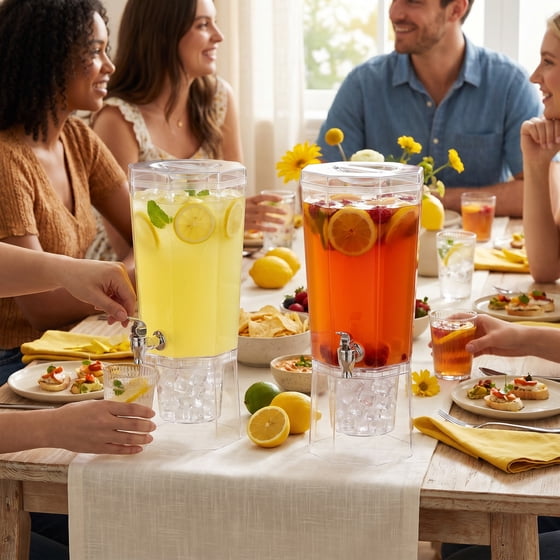 Norcho 1.7 Gallon Drink Dispenser with Stand 2-Pack, 6L Clear Beverage Dispenser with Spigot for Parties, Plastic Juice Container for Tea, Soda, Lemonade, Water & Mimosa Bar