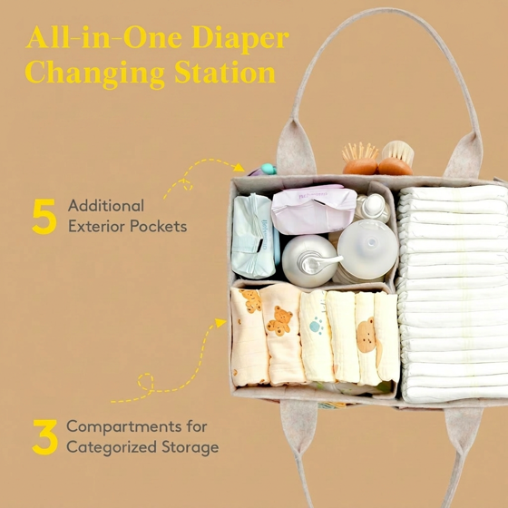 Norcho Felt Diaper Caddy with Handle, Portable Baby Storage Basket Detachable Divider Oatmeal 13x9.1x7.1"
