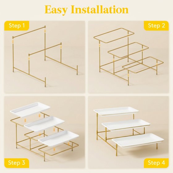 Norcho 3 Tier Serving Tray, White Plastic Tiered Food Serving Platters with Collapsible Gold Metal Stand, 12" x 6.5"