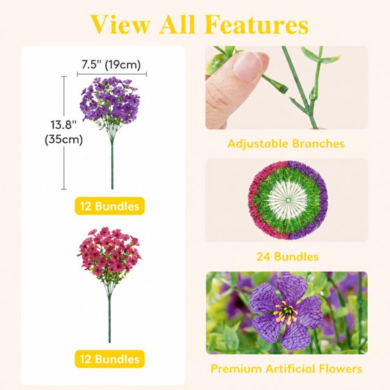Norcho Outdoor Artificial Flowers, 24 Bundles Plastic Fake Daisy, Faux Plants for Spring/Summer Porch, Window Box, Vase, Fuchsia & Purple Mix