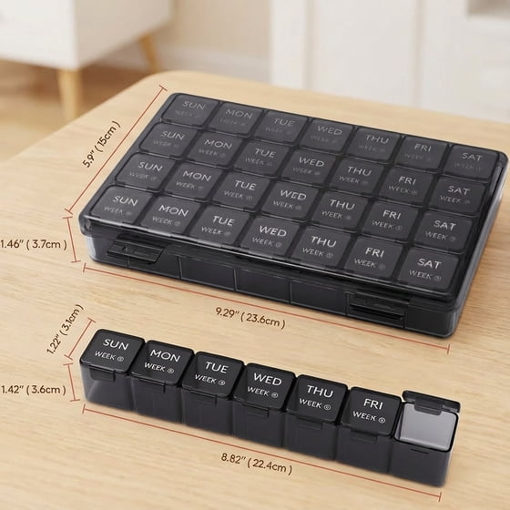 Norcho Monthly Pill Organizer, 28 Day Pill Box with Large Compartments, 4-Week Medicine Organizer for Vitamins & Supplements, 28 Grids, Black, 2 Pack
