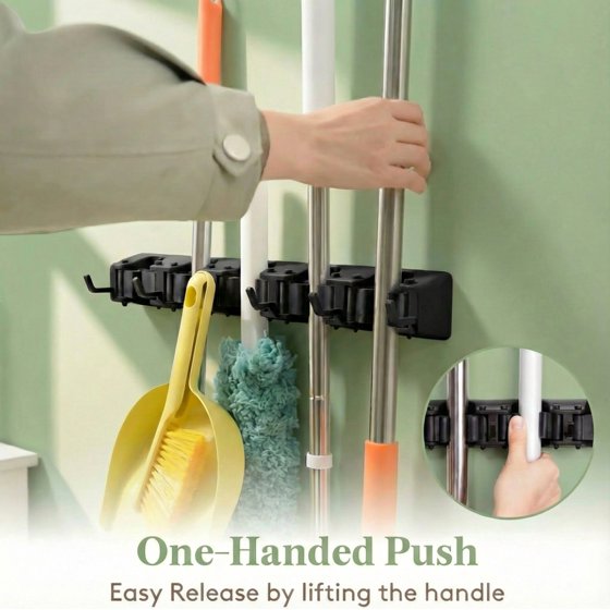 Norcho Wall Mount Mop Broom Holder, Anti-Slip Hanger 5 Slots 6 Hooks Holds 30lbs, Garage Closet Kitchen, Black 1 Pack