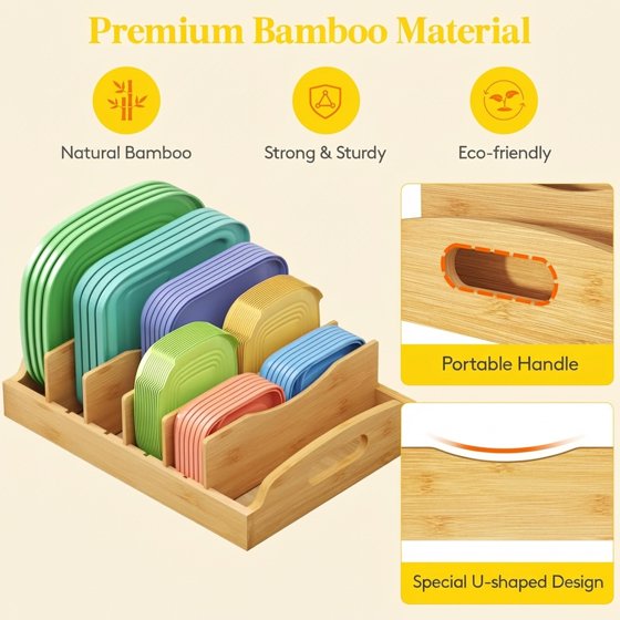 Norcho Bamboo Lid Organizer for Cabinet, Adjustable Food Storage Container Lid Holder with 5 Inserts and 6 Compartments, 13.2" x 10" for Kitchen Pantry Organization