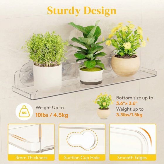 Norcho Window Plant Floating Shelves, 14.6 × 3.6 Inch 2-Pack Acrylic Suction Cup Shelf, Window Sill Extender for Indoor Succulents, Microgreens, Seed Starter Pots, and Herb Planters