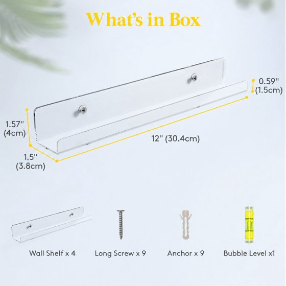 Norcho 12" Floating Shelves for Living Room, 4-Pack Narrow Wall Shelves, Wall Decor
