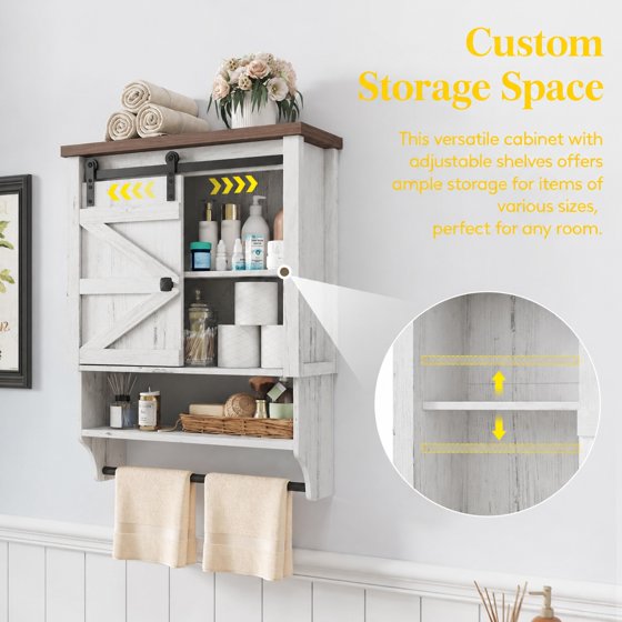 Norcho Farmhouse Bathroom Wall Cabinet with Sliding Barn Door, Medicine Cabinet with Adjustable Shelf and Towel Hook, Wall Mounted Storage Cabinet for Bathroom, Kitchen, Laundry Room