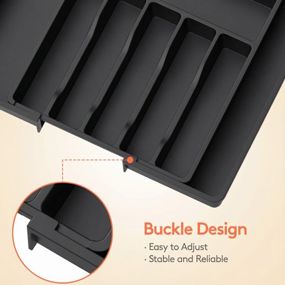 Norcho Silverware Drawer Organizer, Expandable Utensil Tray for Kitchen, Cutlery and Flatware Holder, Adjustable Storage for Spoons, Forks and Knives, 13–22 x 15", Black
