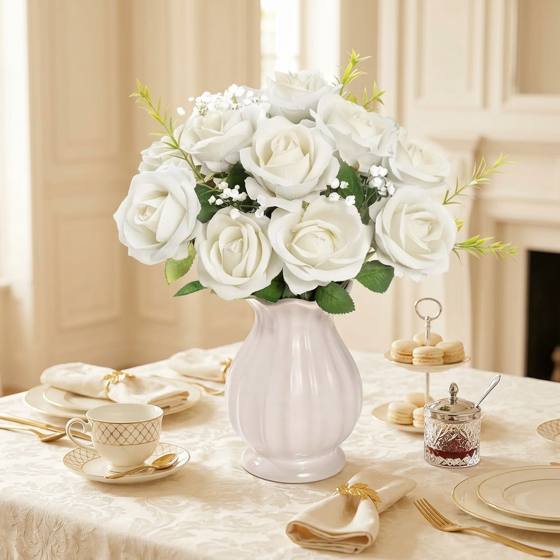 Norcho 12 Pcs White Artificial Roses Bulk, Fake Long Stem Silk Flowers for DIY Wedding Bouquets Centerpieces Valentine Decor