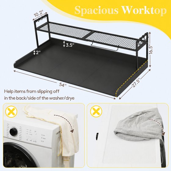 Norcho Washer Dryer Countertop with Adjustable Shelf, Melamine Laundry Room Organizer Top with Edge Rails and Towel Rack for Storage and Organization, Black