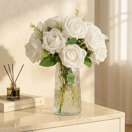 Norcho 10 Pcs White Artificial Roses Bulk, Fake Long Stem Silk Flowers for DIY Wedding Bouquets Centerpieces Valentine Decor