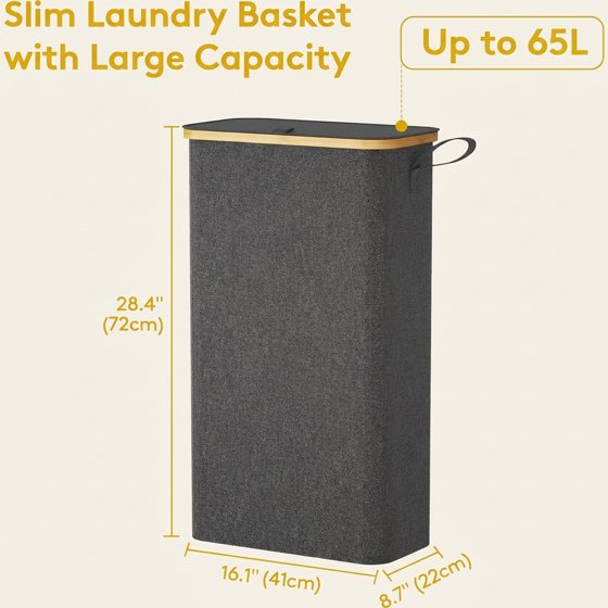 Norcho 65L Slim Laundry Hamper with Lid, Narrow Collapsible Laundry Basket with Removable Bag and Bamboo Handles, Dark Gray