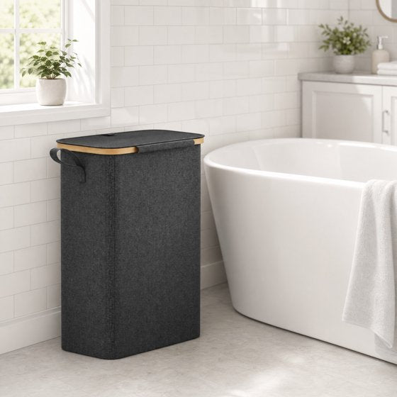 Norcho 50L Slim Laundry Hamper with Lid, Narrow Basket, Removable Bag & Bamboo Handles, Foldable Bin for Bathroom/Bedroom/Dorm, Dark Gray