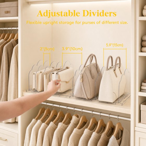 Norcho Purse Organizer for Closet, Clear Handbag Storage Organizer, Adjustable Clutch Holder, 4-Pack Bookshelf Dividers for Sweaters, Bedroom Storage Organizer
