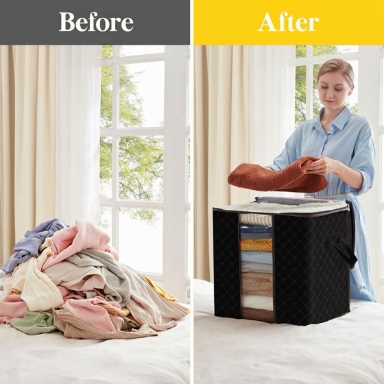 Norcho 90L Clothes Storage Bag with Reinforced Handle, Sturdy Zipper Clear Window, Foldable for Comforters Blankets, 6 Pack Black