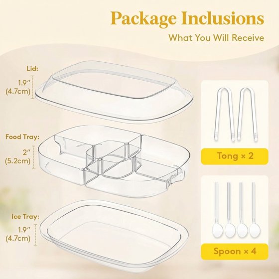 Norcho Chilled Serving Tray for Parties, 15-Inch Divided Shrimp Cocktail Serving Dish with Lid, Plastic Taco and Ice Serving Platter for Veggies, Fruit, Salad, and Buffet Use