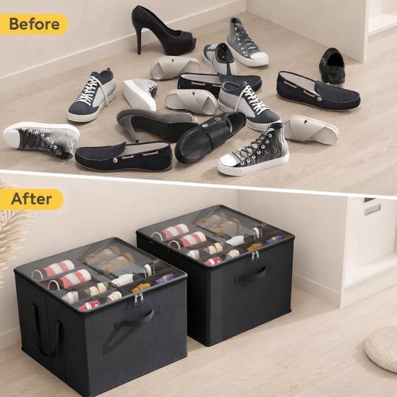 Norcho Shoe Storage Organizer for Closet, Large Fabric Shoe Boxes with Clear Lids, Foldable Bins for Boots, Heels, and Sneakers, Fits 24–32 Pairs (12–16 Pairs Each), 2-Pack, Black