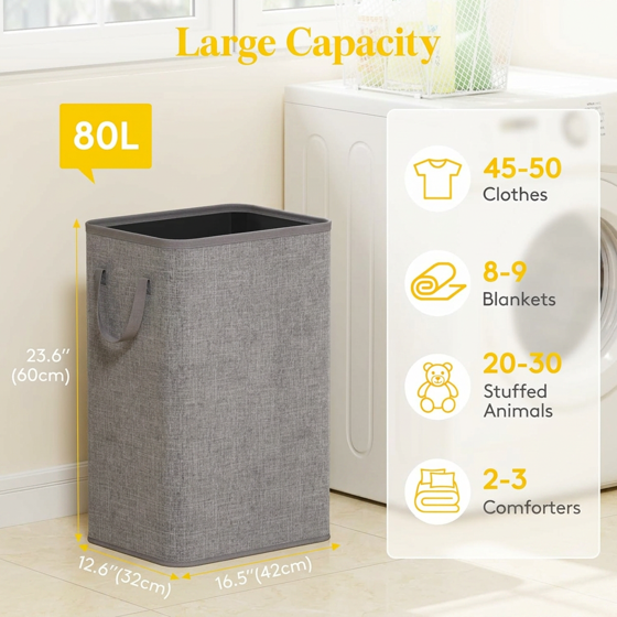Norcho 80L Tall Collapsible Laundry Hamper with Handles, Foldable Portable Clothes Basket for Dorm Bathroom, Light Gray