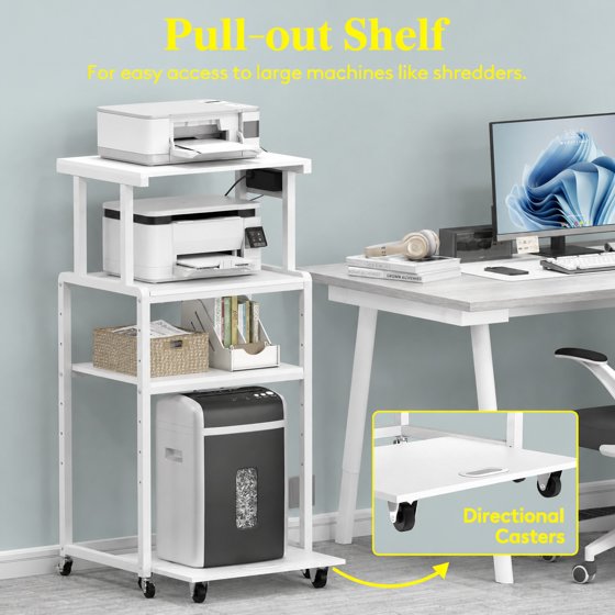 Norcho 4 Tier Printer Stand with 3 Power Outlets, Wheels & Adjustable Storage Shelf, Rolling Printer Cart for Home Office, Shredder, Scanner & Fax Machine, Holds up to 340 lbs, White