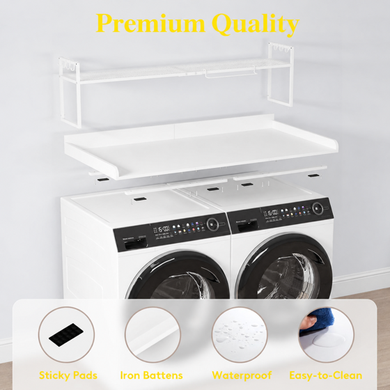 Norcho Washer Dryer Countertop with Adjustable Shelf, Melamine Laundry Room Organizer Top with Edge Rails and Towel Rack for Storage and Organization, White