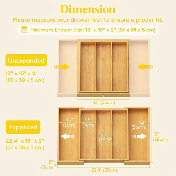 Norcho Utensil Organizer for Kitchen Drawer, Expandable Bamboo Cutlery and Flatware Tray, Adjustable Cooking Utensil and Spatula Holder, 13–22 × 15 Inches