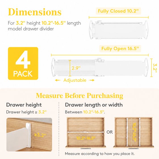 Norcho Drawer Dividers for Clothes 4-Pack, 3.2" Tall Expandable Dresser Drawer Organizers, Adjustable Plastic Separators for Socks, Underwear, Kitchen, Cabinet, Nursery Storage