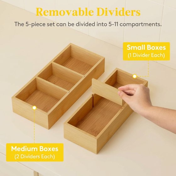 Norcho Adjustable Bamboo Drawer Organizers with 6 Inserts, Stackable Storage Boxes, 5-Pack for Kitchen, Bathroom, Office, Vanity